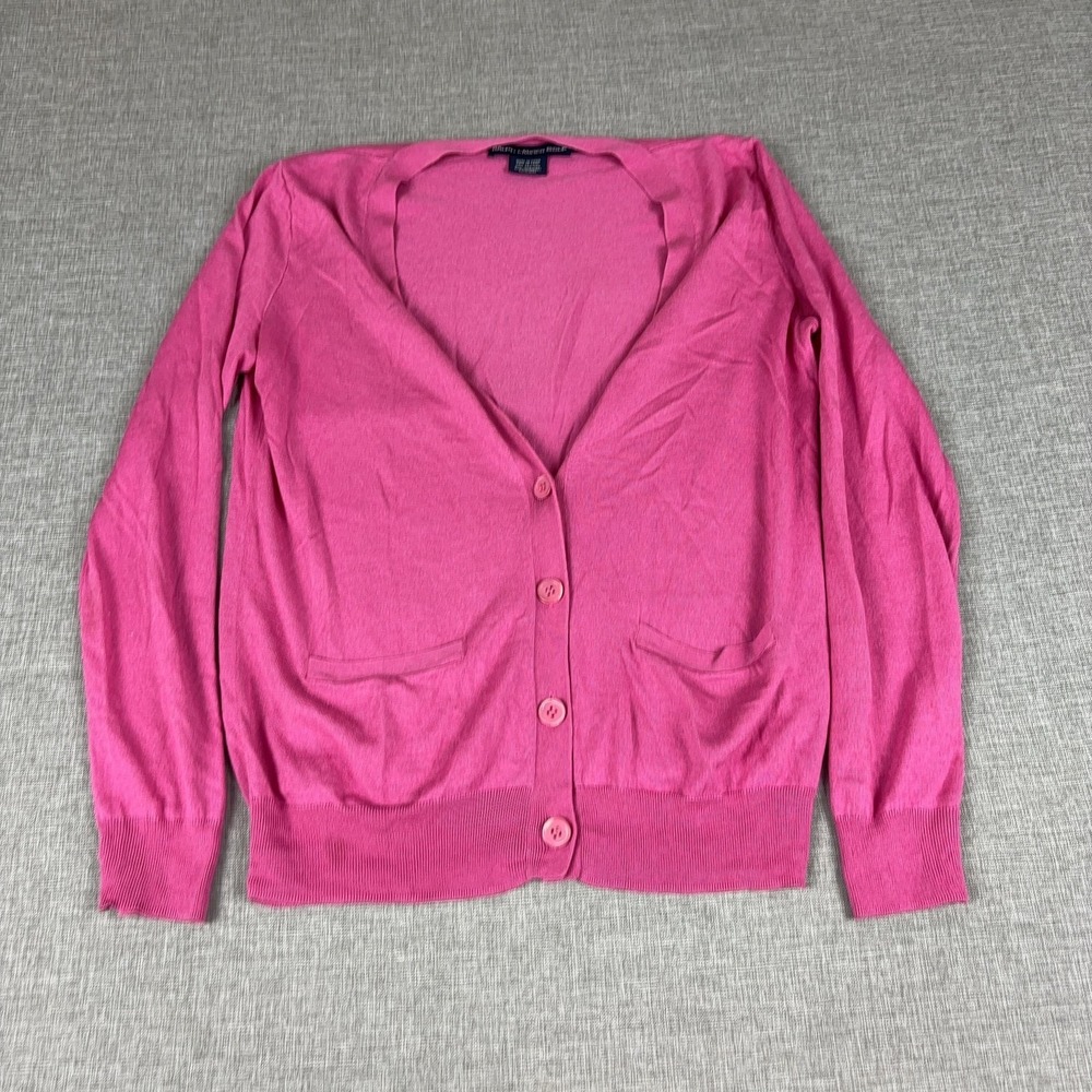 Ralph Lauren Golf Cardigan Sweater Womens‎ M Pink Silk Cashmere V Neck Pockets